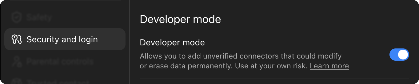 ChatGPT settings, Security and login, with the Developer mode toggle switched on