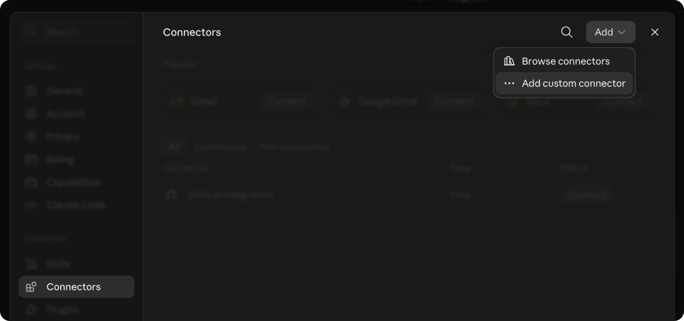 The Connectors panel in Claude settings with the Add menu open on Add custom connector
