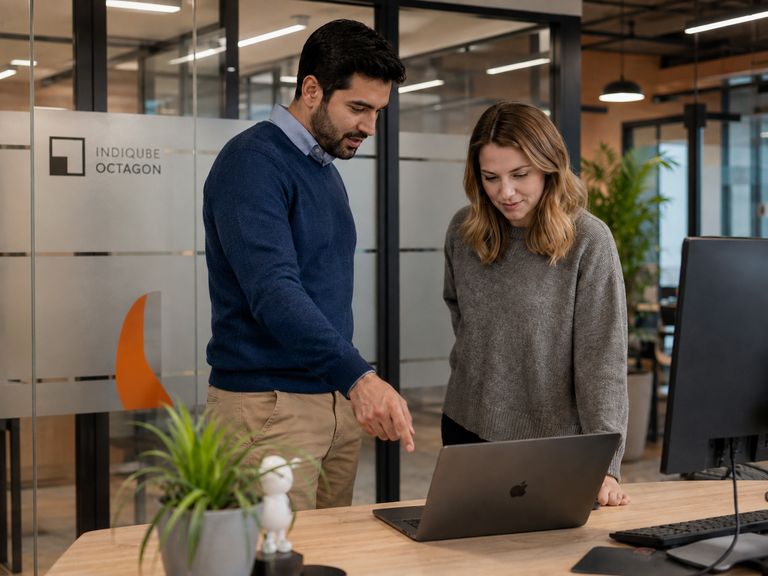 Two of the team working through a change at a laptop